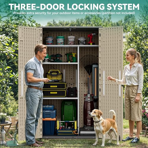 YITAHOME-50-cuft-Vertical-Outdoor-Storage-Shed-wo-Shelf-Large-Waterproof-Storage-Cabinet-for-Garden-Shed-Tall-Outdoor-Storage-Shed-for-Garage-Pool-Storage-Resin-Lockable-Khaki-Brown YITAHOME 50 cuft Vertical Outdoor Storage Shed wo Shelf Large Waterproof Storage Cabinet for Garden Shed Tall Outdoor Storage Shed for Garage Pool Storage Resin Lockable Khaki Brown