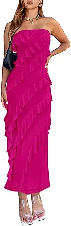 BTFBM Women Summer Elegant Strapless Midi Ruched Bodycon Dress Solid Color Stretch Mesh Slim Party Cocktail Dresses