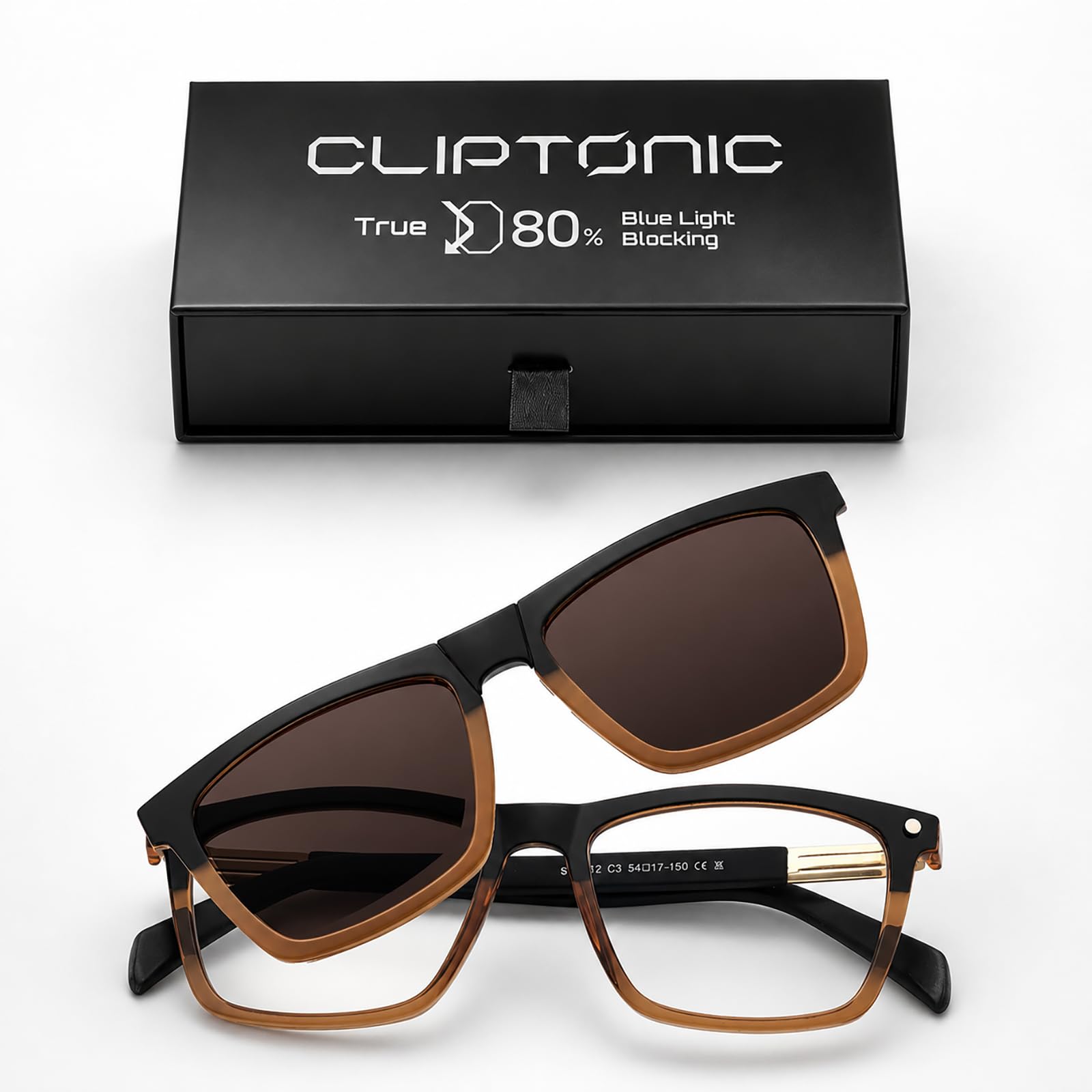 Blue Light Glasses with Magnetic Clip-On Sunglasses, True 80% Blue Light Blocking Clear Lens, Polarized UV400 Clip