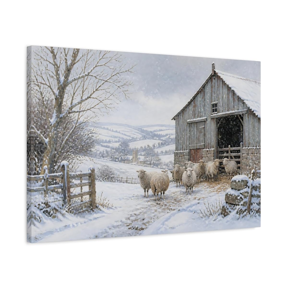 Winter Flock At The Barn Canvas Print – Living Room, Above Console Table 30×20 inch (75×50 cm) - Horizontal / 1.25 inch (3 cm)