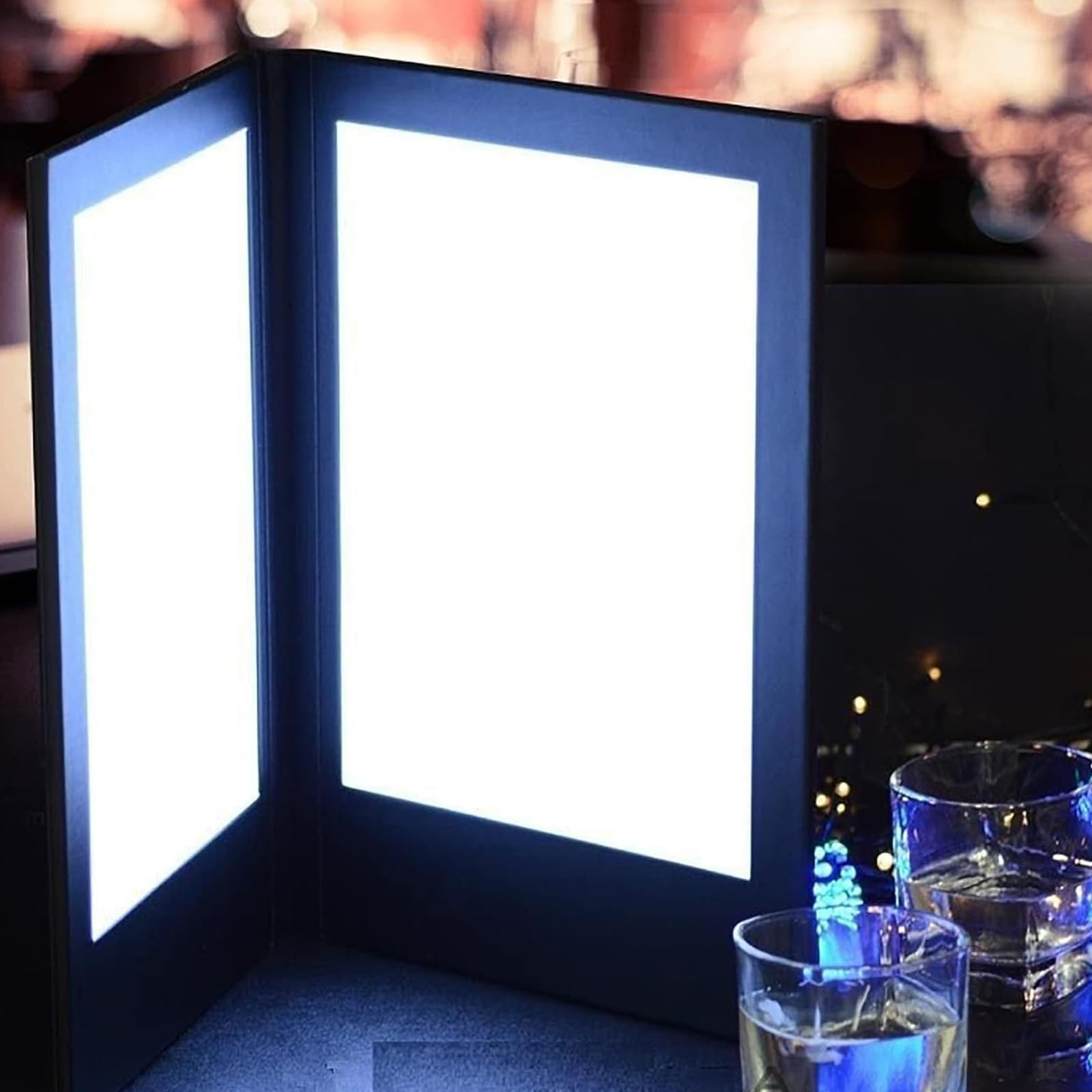 Libro de menú iluminado por LED, cubierta de menú con luz de inducción automática recargable, pantalla de doble cara de 15x22cm, carpeta de menú de restaurante de cuero PU para bar,pub,cafetería,club