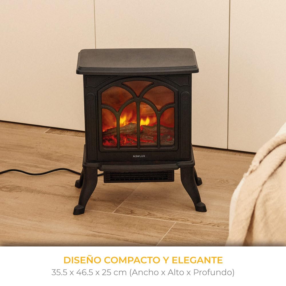 NEWLUX Chimenea Eléctrica Classic Flame, Calefactor Cerámico Termoventilador Llama Decorativa, Chimenea portátil, Termostato, 2 Niveles, Sensor Seguridad Sobrecalentamiento, 750/1500W, 355x465x250mm