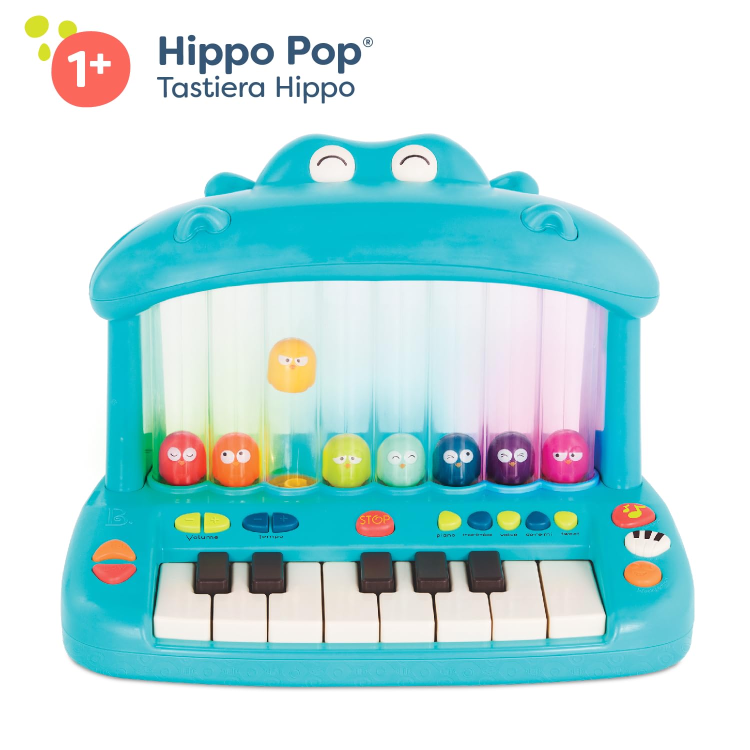 B. toys - Ippopotamo Pop - Tastiera giocattolo - Suonare il pianoforte - Canzoni, suoni e luci - Strumento musicale per bambini e ragazzi - 12 mesi +