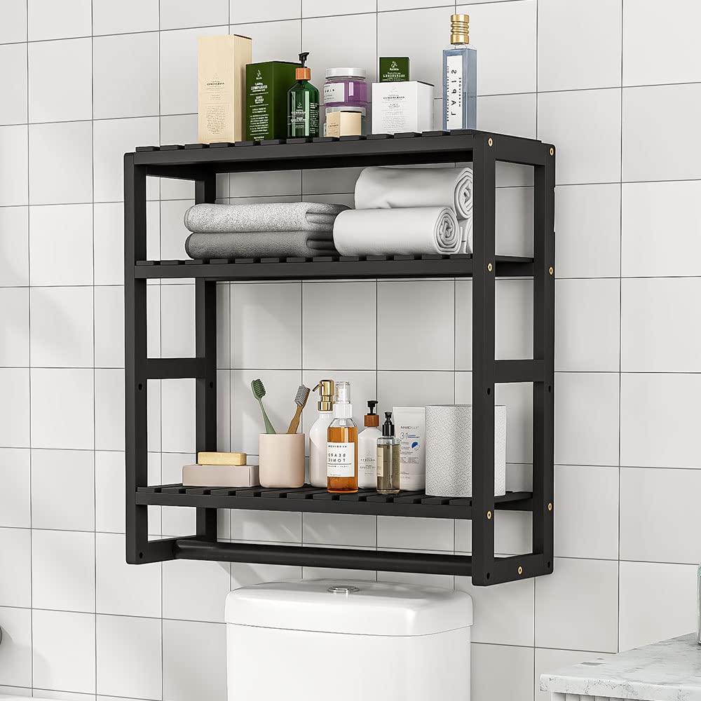 Galood Bathroom Storage Shelves Organizer Adjustable 3 Tiers, Over The Toilet Storage Floating Shelves for Wall Mounted with Hanging Rod (Black Big)