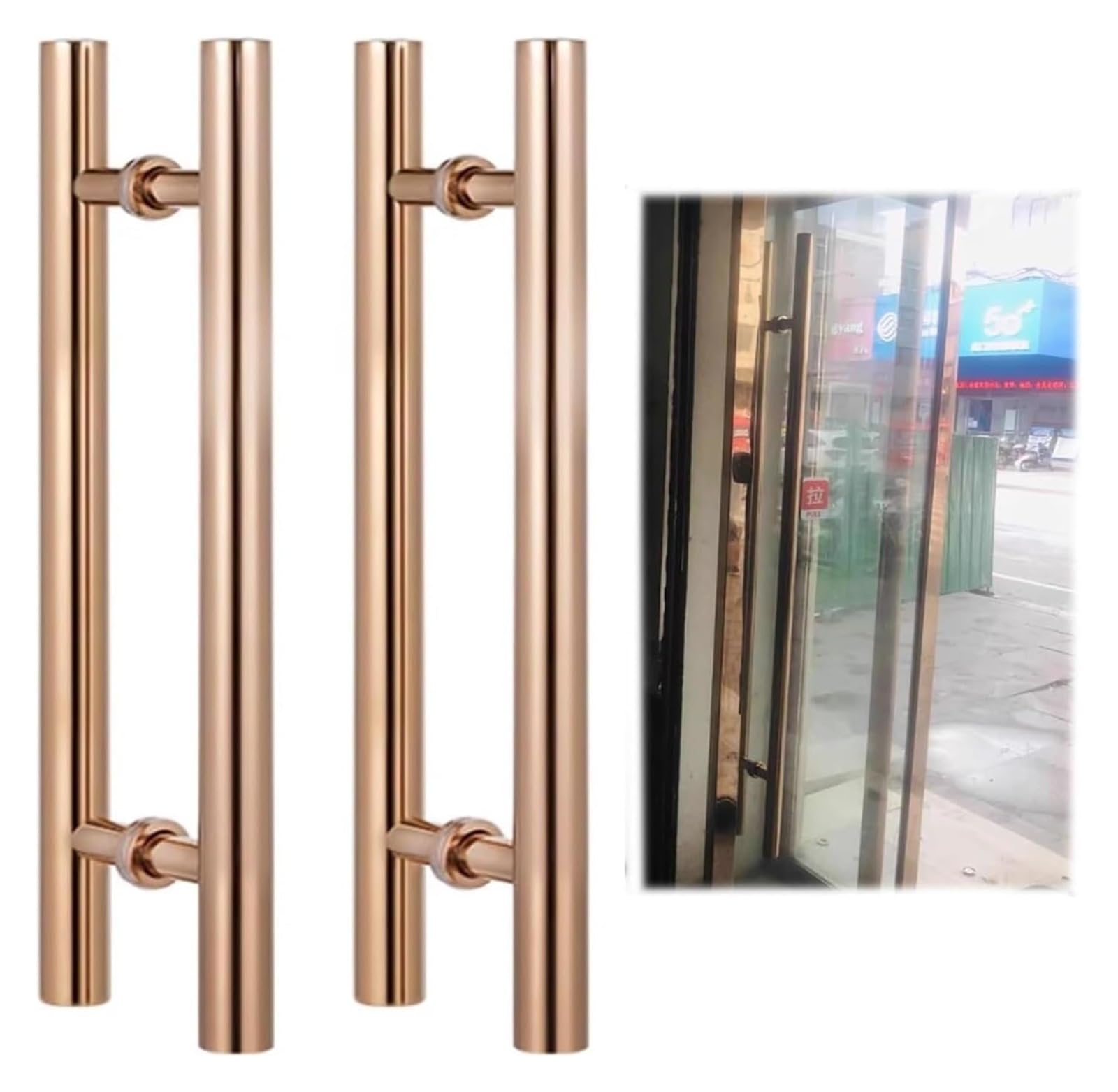 CWCQGH Push Pull Door Handle, Sliding Barn Door Handle, Stainless Steel Commercial Front Glass Door Handle Bar Pull,Rose Gold-80cm(31.5inch)