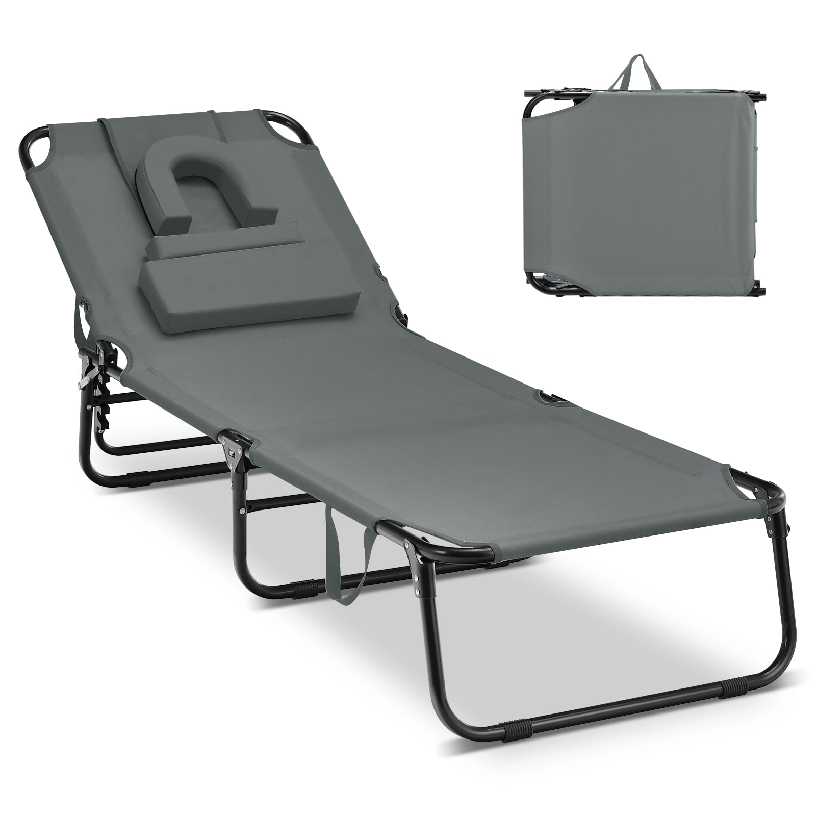 GIANTEX Chaise Longue Pliante pour Bronzage, Charge 160 kg, Dossier Réglable à 5 Positions, Repose-Pieds à 2 Positions, Bain de Soleil, Trou pour Visage, Transat Jardin pour Piscine, Plage, Gris