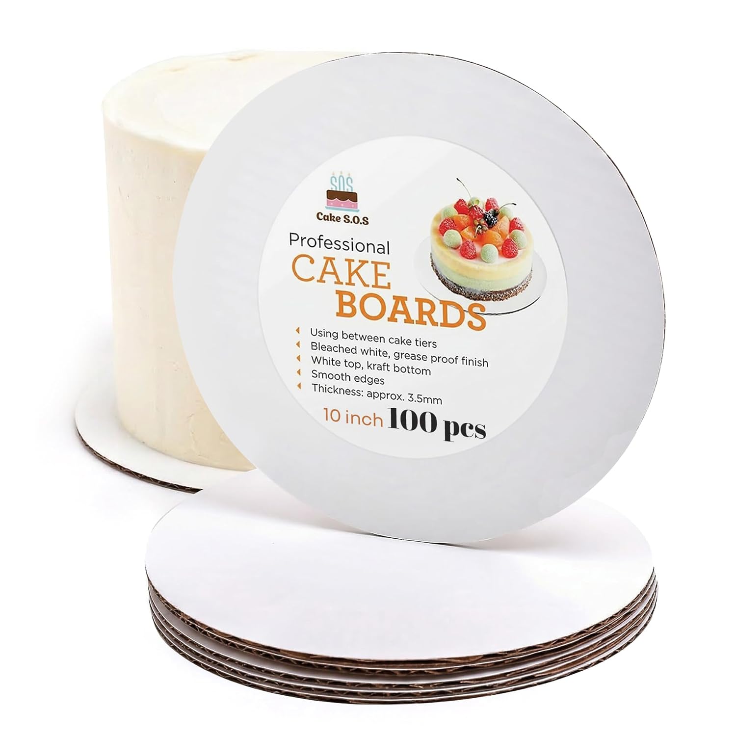 10 inch White Round Coated Cakeboard, Waxed Greaseproof, Disposable Cake Circle Sturdy Corrugated Base Boards Cardboard, Pack of 100 ct