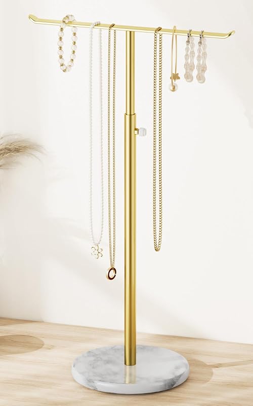 Gold Necklace Holder,Adjustable T-Bar Jewelry Stand with White Marble Base | Elegant Marble Base,Adjustable Height T-Bar Design,Minimalist Jewelry Display,for Bedroom and Dresser,Necklace Organizer