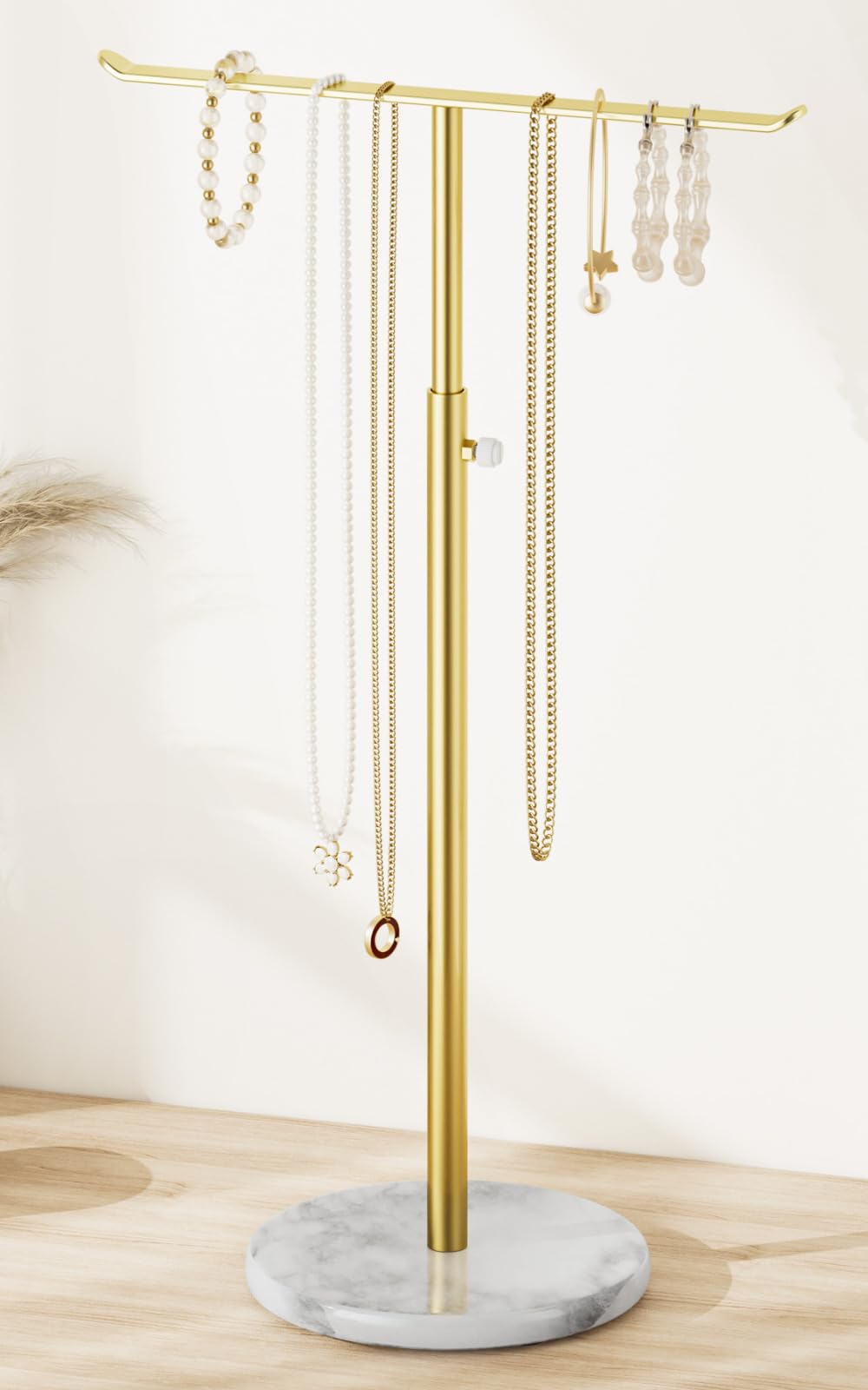 Josmimic Gold Necklace Holder Jewelry Organizer Stand – Adjustable Height T‑Bar Jewelry Display with White Marble Base, Necklace & Bracelet Holder, Countertop Jewelry Stand