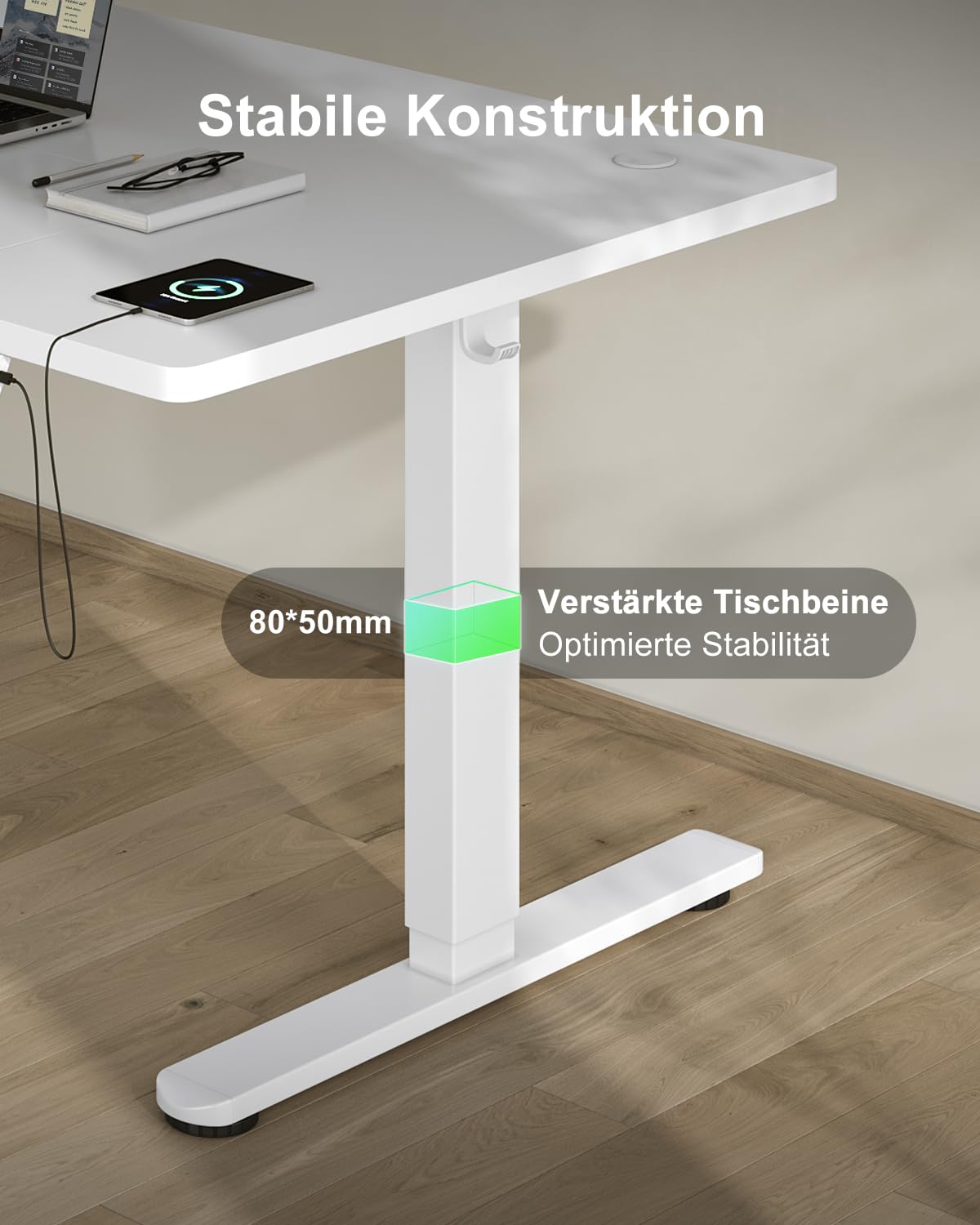 Devoko Höhenverstellbarer Schreibtisch 160x80cm mit Typ-C Ladeanschluss, Mobiler Elektrisch Computertisch mit Kabel Management Tray und 3-Funktions-Memory, Weiß