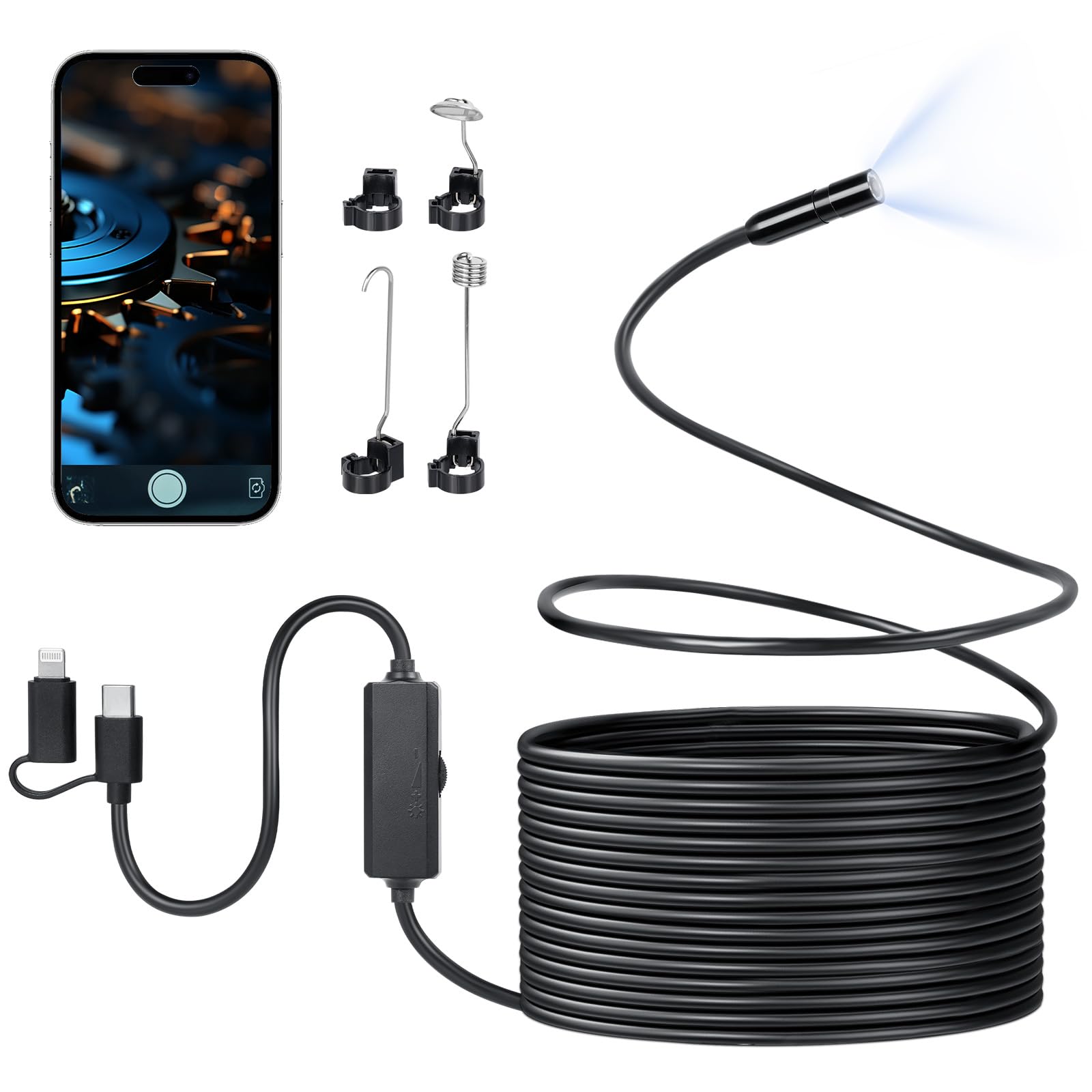AiQInu Endoscopio per Smartphone, Telecamera Endoscopica 1920P con 8 LED, IP67 Impermeabile, Compatibile con iOS e Android, Perfetto per Ispezioni Elettriche e Manutenzione Veicoli (16.4ft/5M)