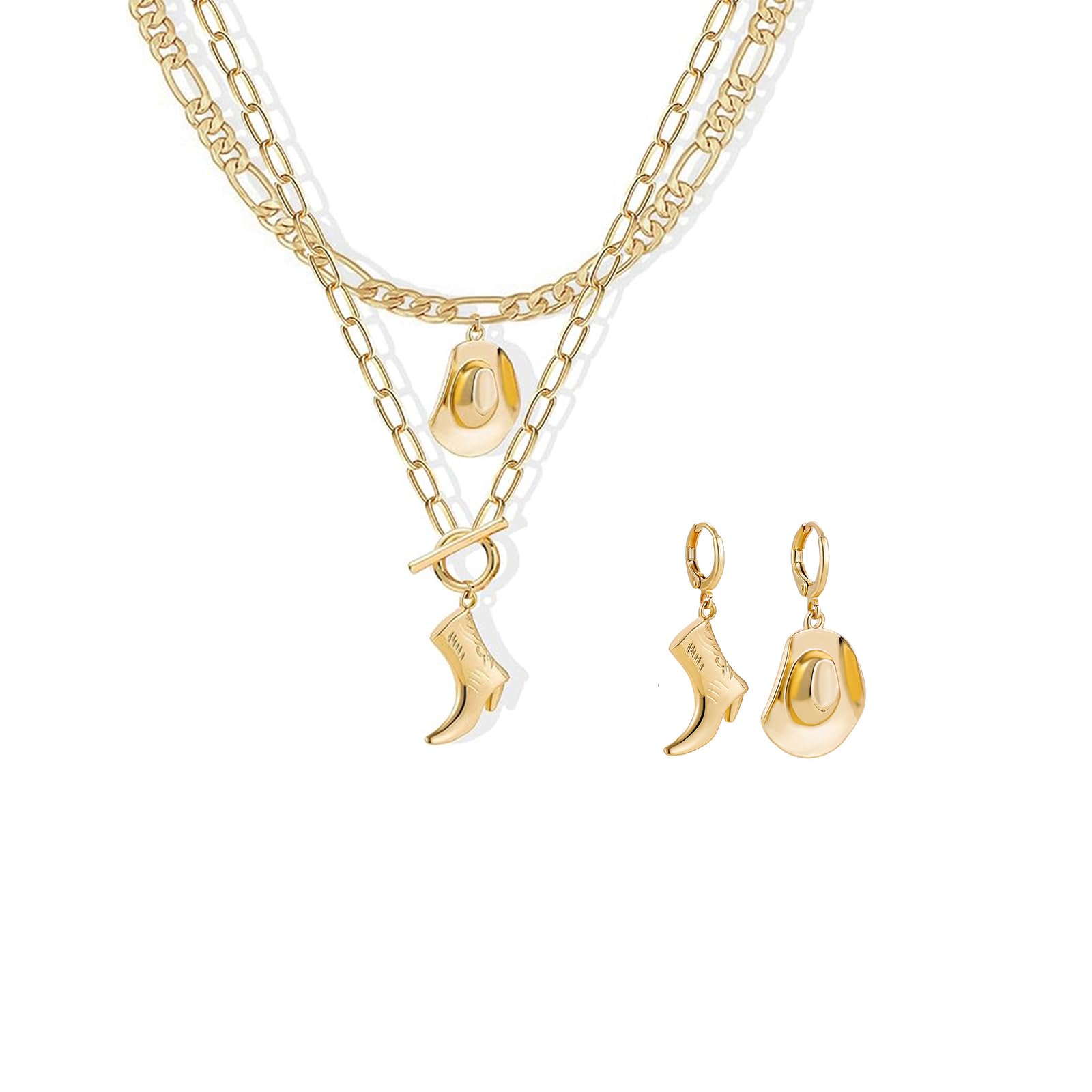 Dtexhif Cowgirl Necklace Earrings for Women Cowboy Necklace Earrings Jewelry Set 14K Gold Hat Boot Pendant Necklace Cowgboy Dangle Drop Earrings
