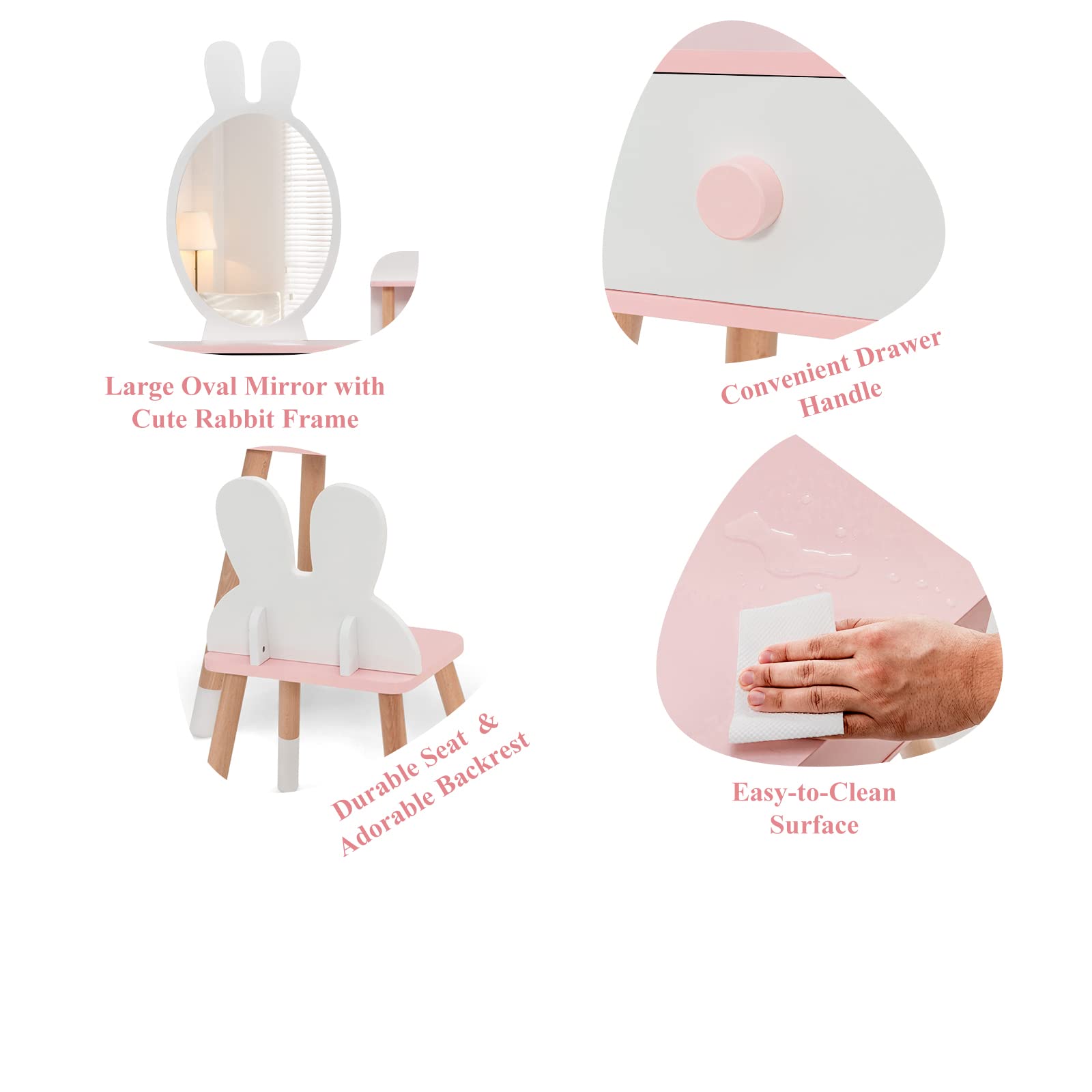 LIFEZEAL Tavolo da toeletta per bambini 2 in 1, specchio di coniglio, parrucchiere per bambini in legno con 2 cassetti e mensola, tavolino con specchio e sgabello per ragazze, tavolo da trucco, sedia