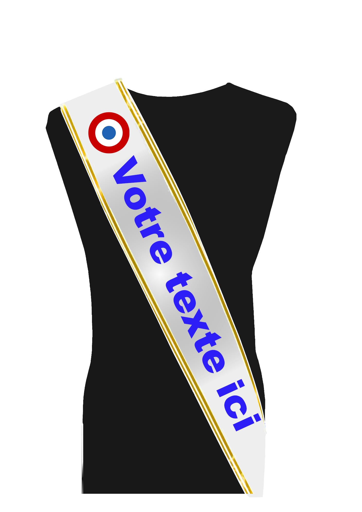 Générique Echarpe de Miss ou Mister à Personnaliser avec Franges. Personnalisable avec photo, texte, cocarde et options.