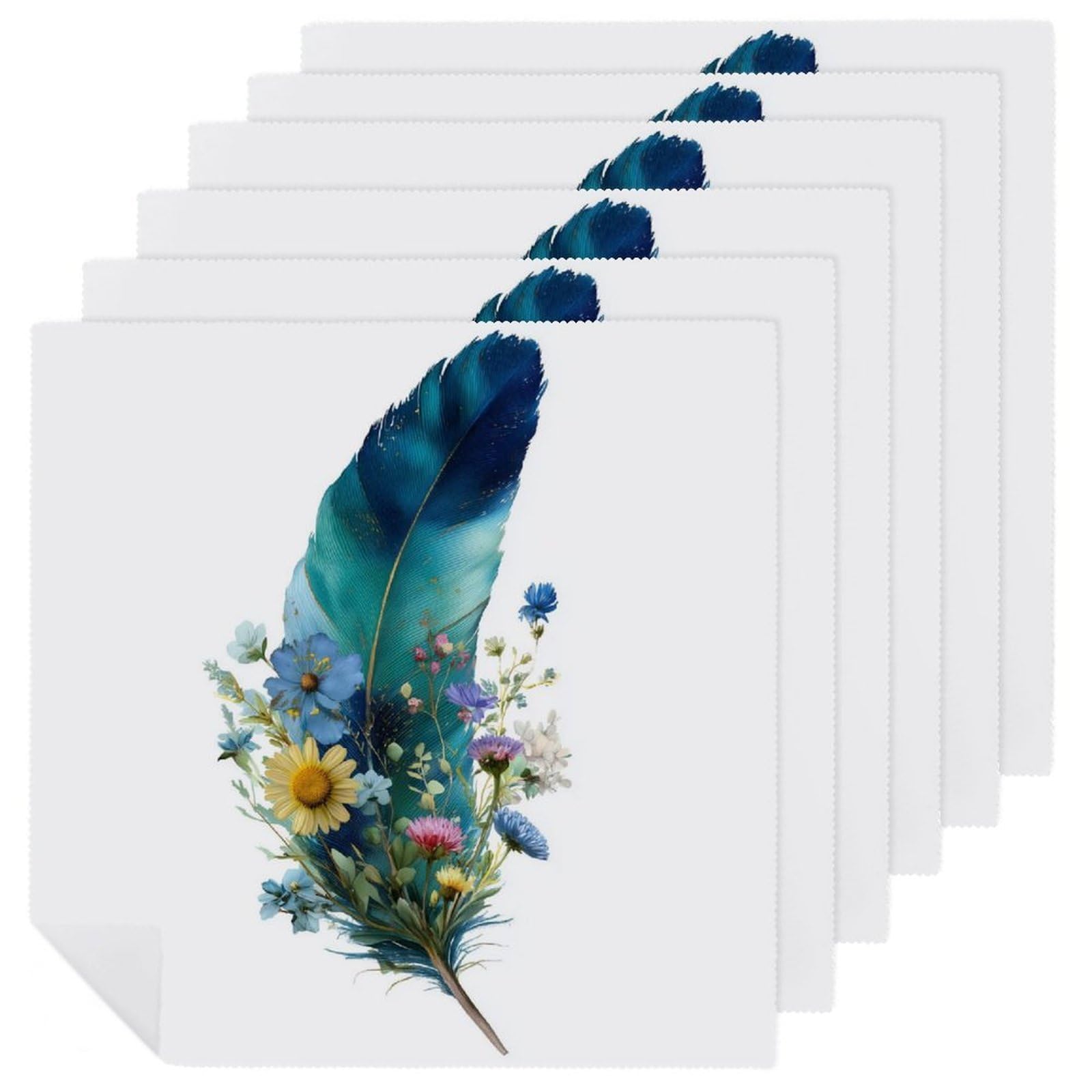 Watercolor Feather with Wildflowers Cloth Napkins Set of 6, Square Premium Reusable Washable Polyester Table Linen Napkin for Dinner Party