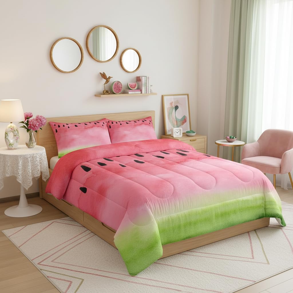 Watermelon Comforter Set Queen,Watercolor Tie Dye Bedding Set 3pcs for Kids Teens Adults Room Decor,Pink Green Summer Fruit Quilt Set Modern Plants Duvet Insert with 2 Pillowcases