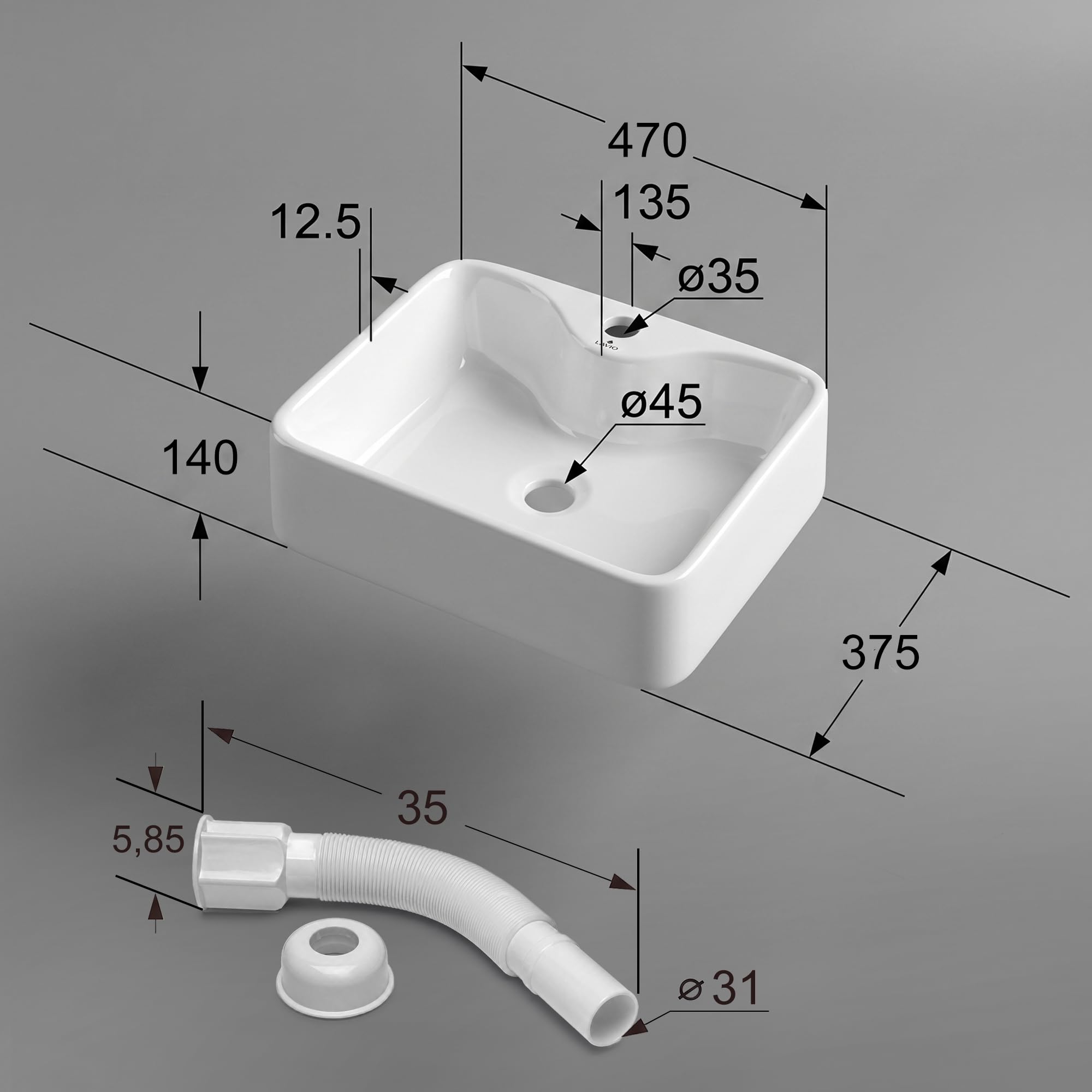 AKORD Lavabo da Appoggio Rettangolare AURA in Ceramica per Bagno, Moderno con Foro Rubinetteria, 47x37,5x14 cm, Bianco Lucido