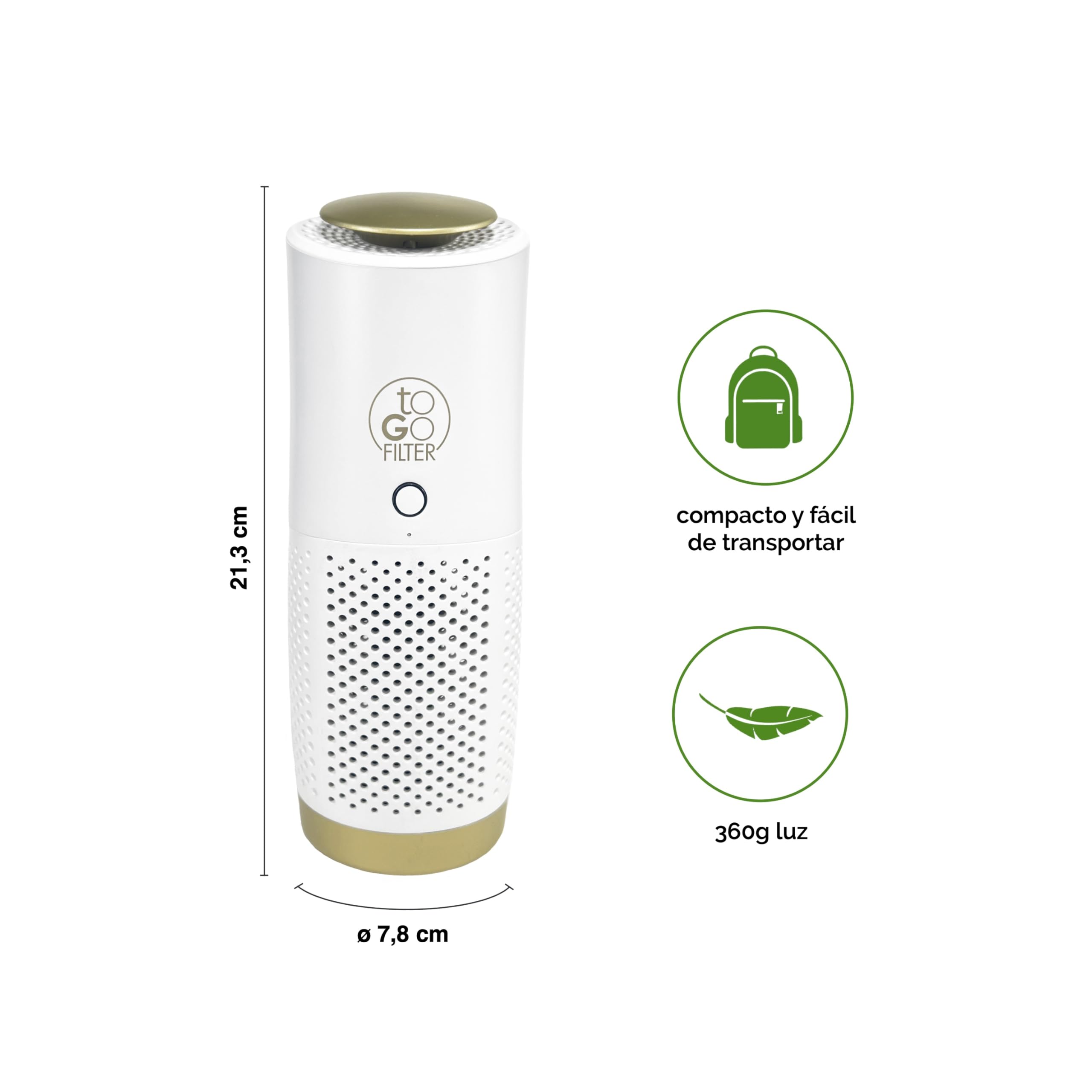 toGo Filter purificador de aire portátil pequeño con batería para viajes, coches y mesas, filtro HEPA 13 y filtro de carbono, contra contaminantes polen humo - para alergias y asmáticos (blanco)