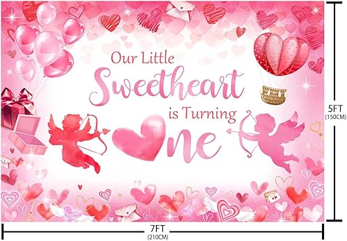 Miniatura 5 de Telón de fondo para el primer cumpleaños del día de San Valentín de 7 x 5 pies, con texto en inglés "Our Little Sweetheart is Turning One",