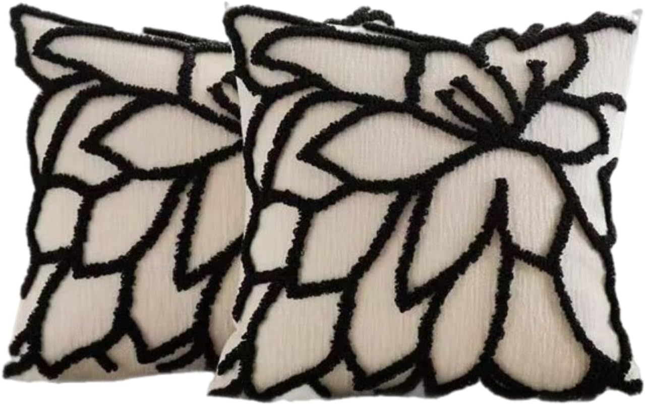 Decorative Chenille Throw Pillow Covers, 18 x 18 inches, Floral Tufted Design, Set of 2, Abstract Black White Boho Floral Tufted Pillow Covers Modern Sham for Bed Couch Living Room Outdoor (Black)