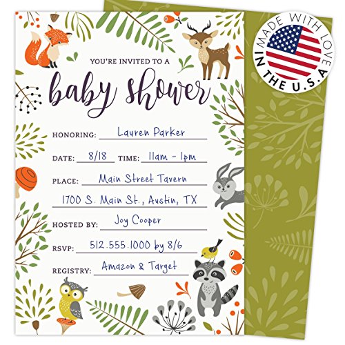 Woodland Baby Shower Invitations With Owl And Forest Animals. Set Of 25 Fill-In Style Blank Cards And Envelopes. Unisex Design Suitable For Boy Or Girl. #TOP2