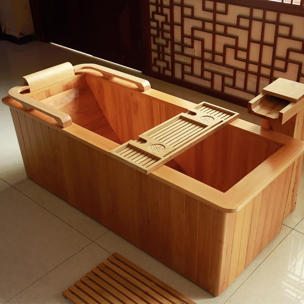 Vasca da Bagno Rettangolare in Legno, Vasca da Bagno Profonda in Legno Massello, Vasca da Bagno Antiscivolo con Panca Esterna, Cucchiaio di Legno, Vasca da Bagno Orientale,Flat Bottom 130cm