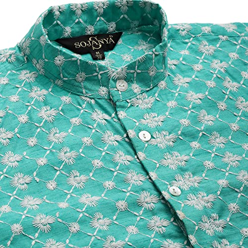 Image of SOJANYA (Since 1958 Men's Silk Blend Light Green Kurta & Nehrujacket with White Pyjama Combo