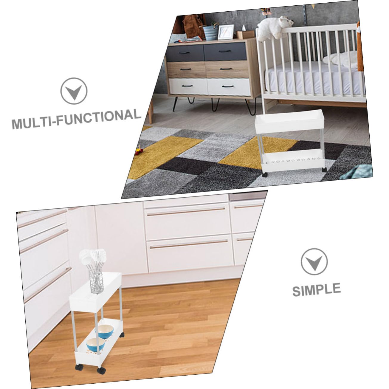 Carrello Multiuso a 3 Livelli Bianco in Plastica e Ferro, Ruote, Salvaspazio, per Bagno e Lavanderia, Scaffale Mobile
