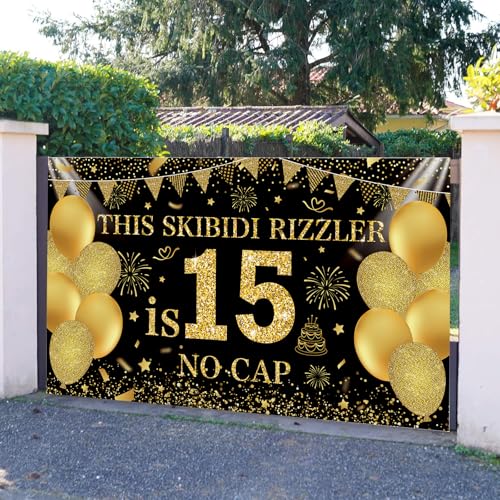 Image of Black Gold This Skibidi Rizzler is 15 No Cap Happy Birthday Backdrop Banner Photography Background Decorations for 15th Year Boys Girls Bday Party Accessories Supplies 72.8 * 43.3in