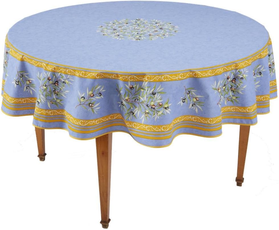 Clos des Oliviers Bleu Round French Tablecloth, Uncoated Cotton, 71 in Diameter