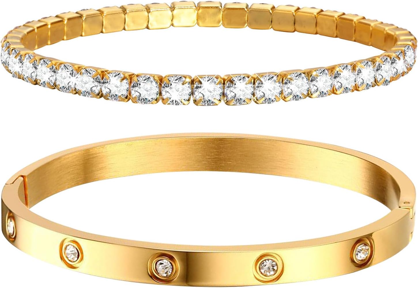 Womens Stackable Gold Bracelets Jewelry , 18K Gold Plated Bangle Bracelets,Bangle Bracelets Non Tarnish, Gold Cubic Zirconia Tennis Bracelet Set Gift,Christmas Valentines Birthday Gifts for Girlfriend