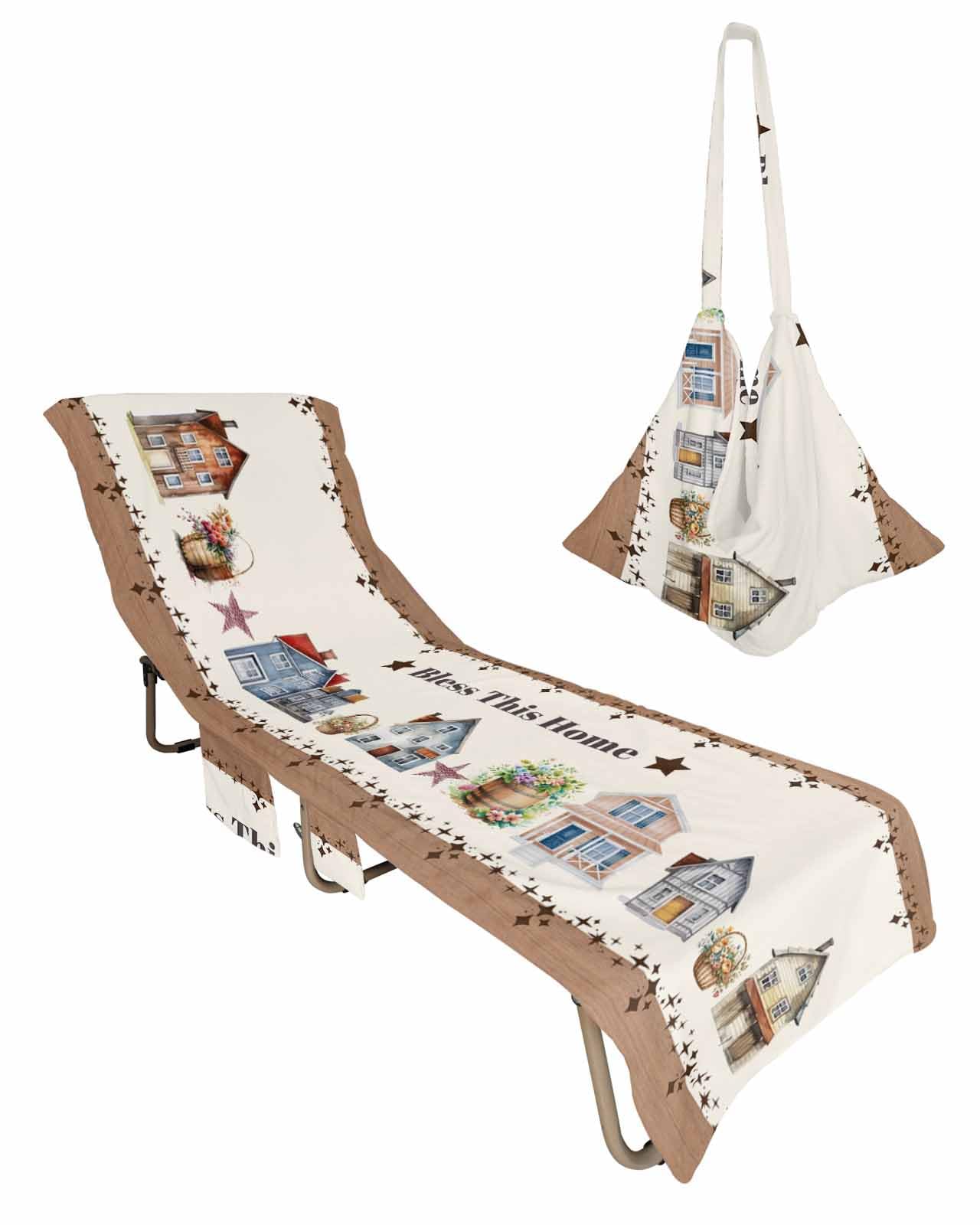 Country Farmhouse Beach Lounge Chair Towel Cover, Soft Chaise Lounge Towel with Side Pockets Patio Pool Chairs Cover for Beach/Pool Sunbathing 29x85 Spring Floral Watercolor House