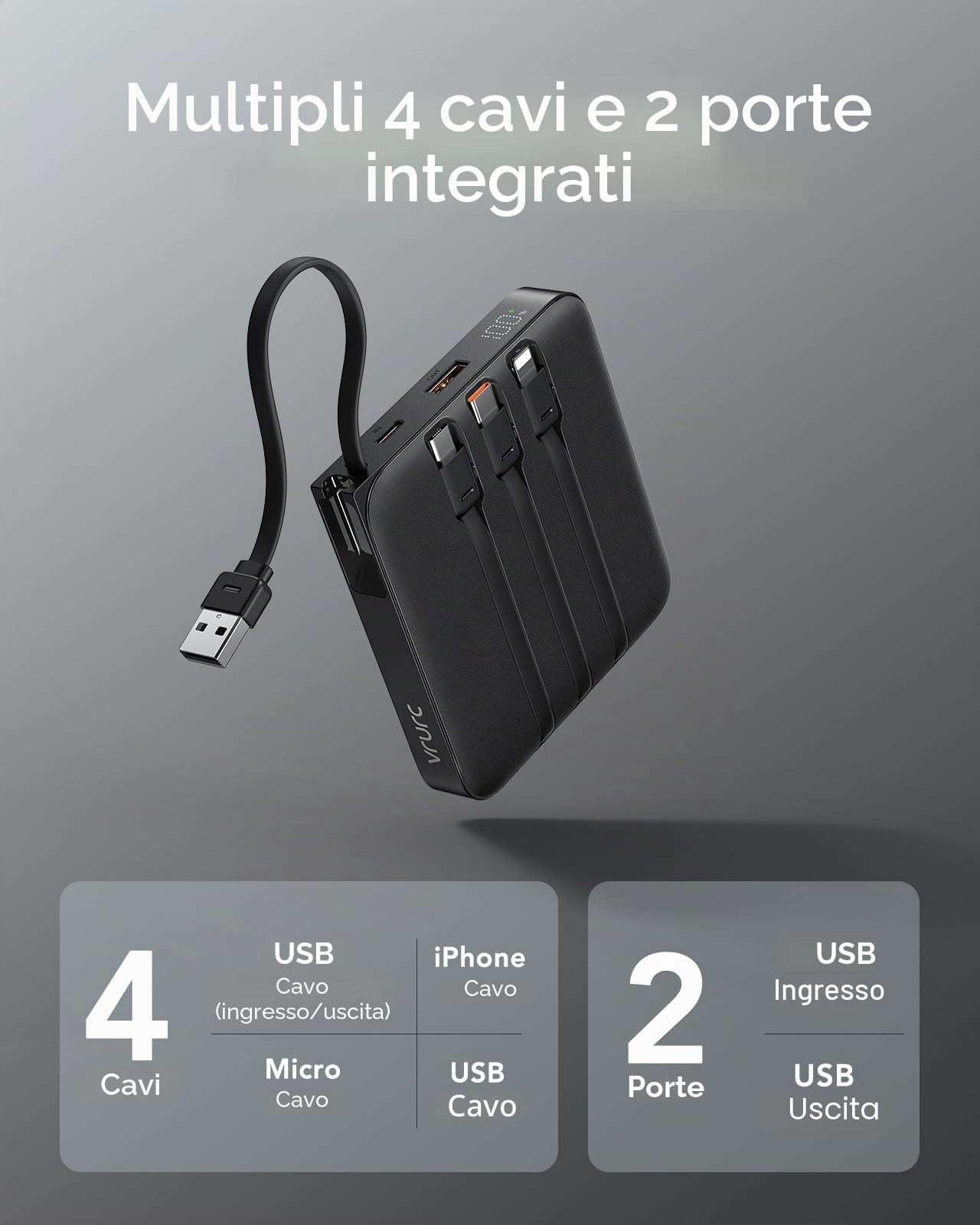 VRURC Batteria esterna 20000mAh con 4 Cavi Integrati Mini Power Bank USB C 22.5W Ricarica Rapida Batteria Portatile con Display LED per iPhone Huawei Xiaomi