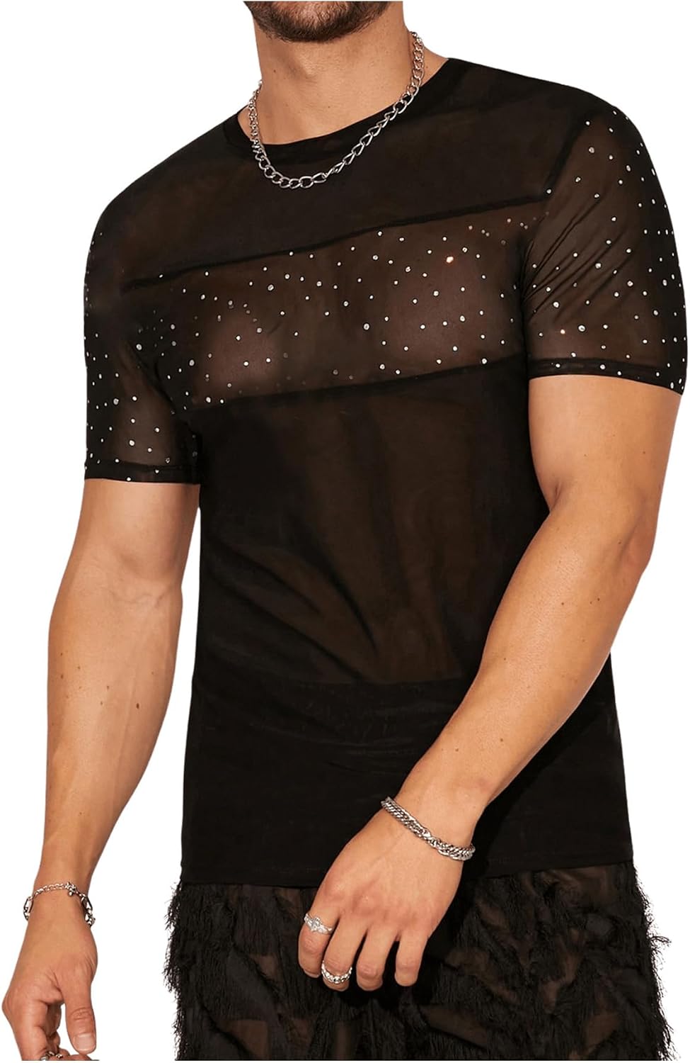 WDIRARA Men's Rhinestone Mesh Sheer T Shirts Sparkle Crew Neck Short Sleeve Casual Tee Top