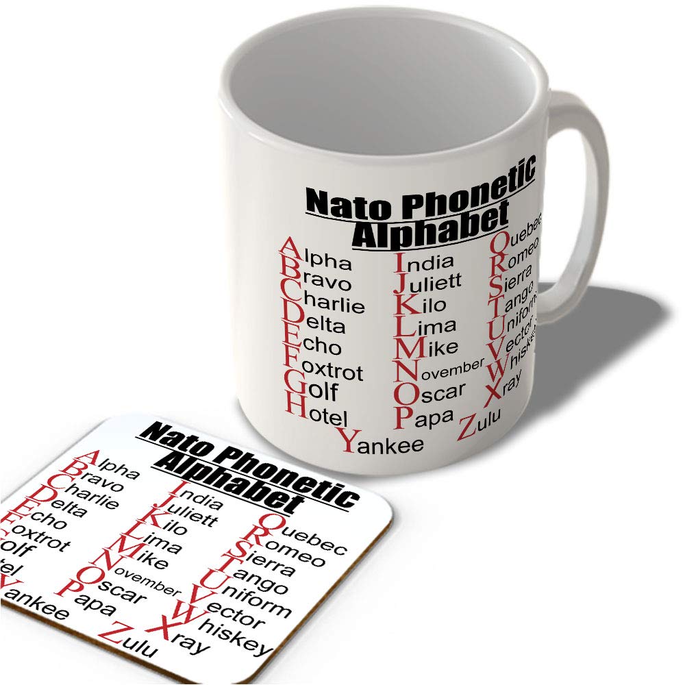 Mcmug White - Nato Phonetic Alphabet - Alpha Brave Charlie… A To Z - Mug And Coaster Set, Ceramic, 11Fl.oz.