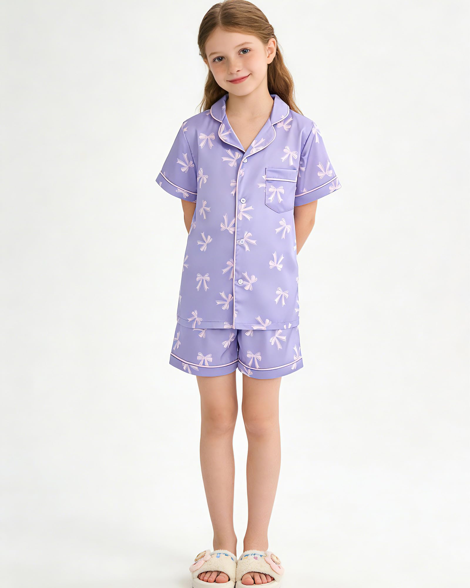 Satino Pigiami Due Pezzi per Bambina Maniche Lunghe Pyjamas Ragazza Sottile e Liscia Come la Seta