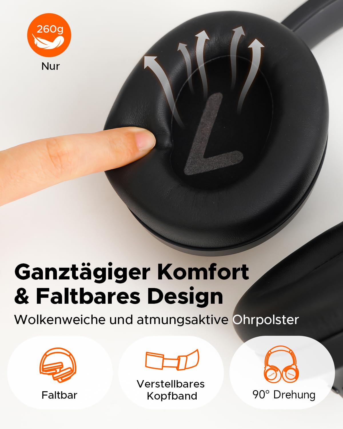 truefree HF-10 Over-Ear Bluetooth Kopfhörer mit 40mm Treiber, ANC -45dB, Raumklang, 125h Akku, AI Mikrofon, App, Gaming Modus, faltbar, USB-C, AUX, Headset mit Transparenzmodus