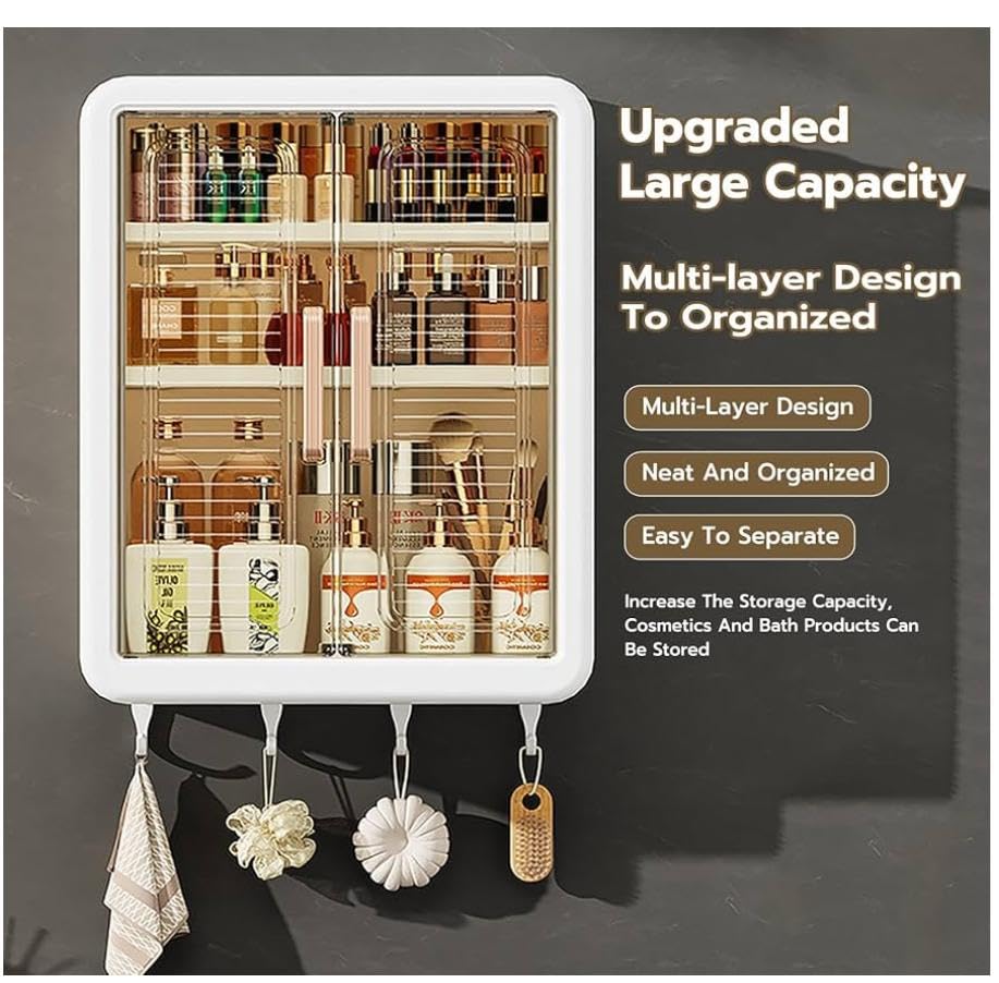 Image of Arto Wall Mounted Medicine Cabinet | Double Door Storage with Hooks | Waterproof Multipurpose Organizer for Home & Kitchen (White)