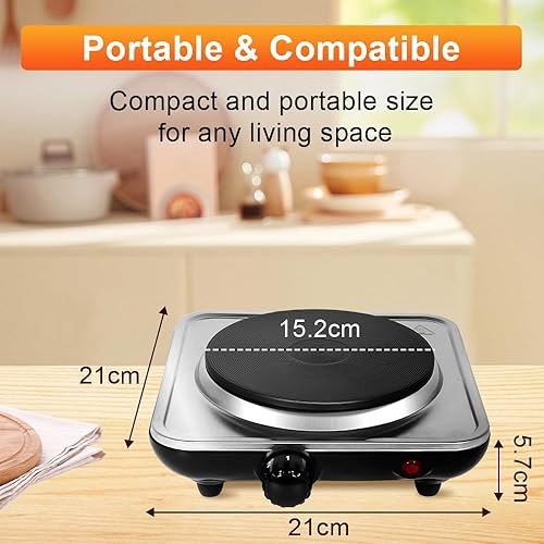 Miniatura 5 de Uten Encimera eléctrica de un solo quemador, placa de cocina de 1000 W con placa caliente de hierro fundido de 8.26 pulgadas, control de temperatura