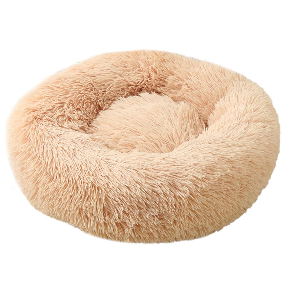 Hiseng Soft Fluffy Dog Bed, Solid Color Self-Warming Cat Bed Washable Round Dog Beds Medium, Plush Anti-Slip Bottom Donut Cat Beds for Indoor Cats (90cm,Light Khaki)