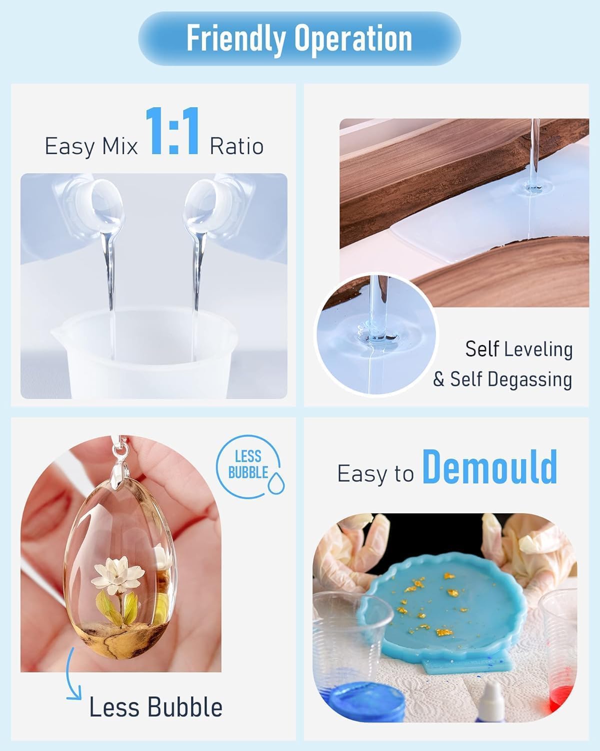 Nicpro 32 Ounce Clear Epoxy Resin Kit Crystal, DIY Starter Resin Supplies with 4 Measuring Cups, 2 Silicone Sticks,Gloves,Spreader for Craft Casting & Coasting, Molds, Jewelry Making