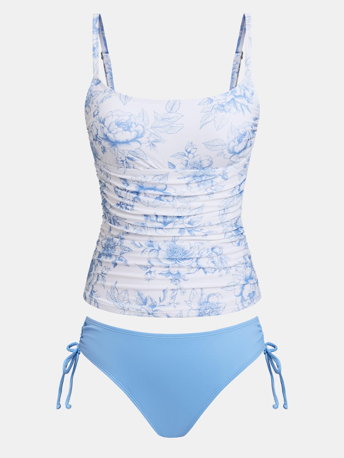 CUPSHE Ensemble tankini pour femme, col en U, effet gainant, froncé, bleu | Coupe confortable, pour la plage et la piscine, maillot de bain deux pièces