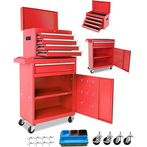 8 Drawer Rolling Tool Chest, Lockable Tool Cabinet with 4 Wheels ＆ Secure Locking System ＆ Side Hooks, 2 in 1 Detachable Tool Box Storage Organizer for Garage, Blue