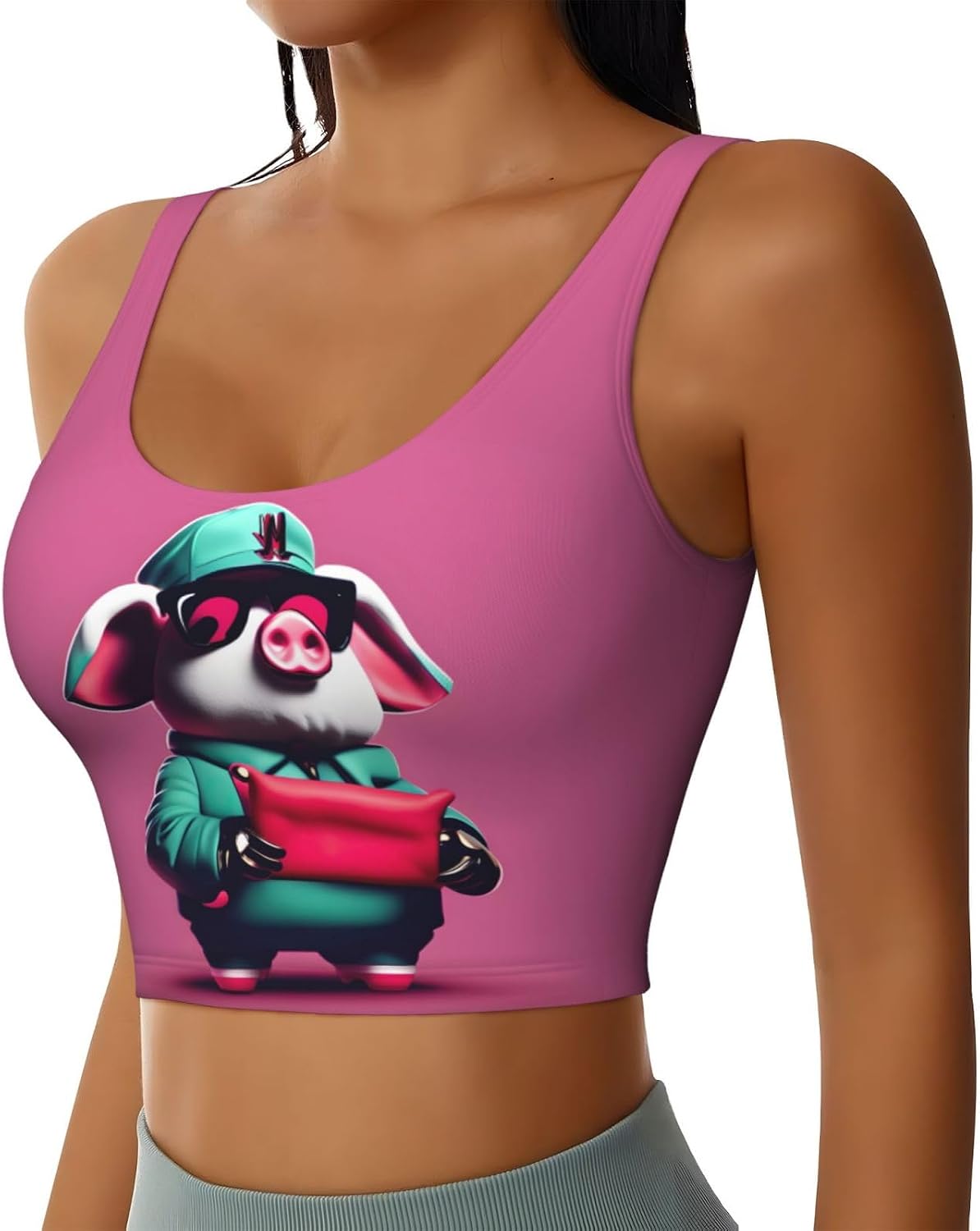 Piggy Print Women's Sports Bra Tank Tops,Longline Sports Bras for Yoga,Workout and Running
