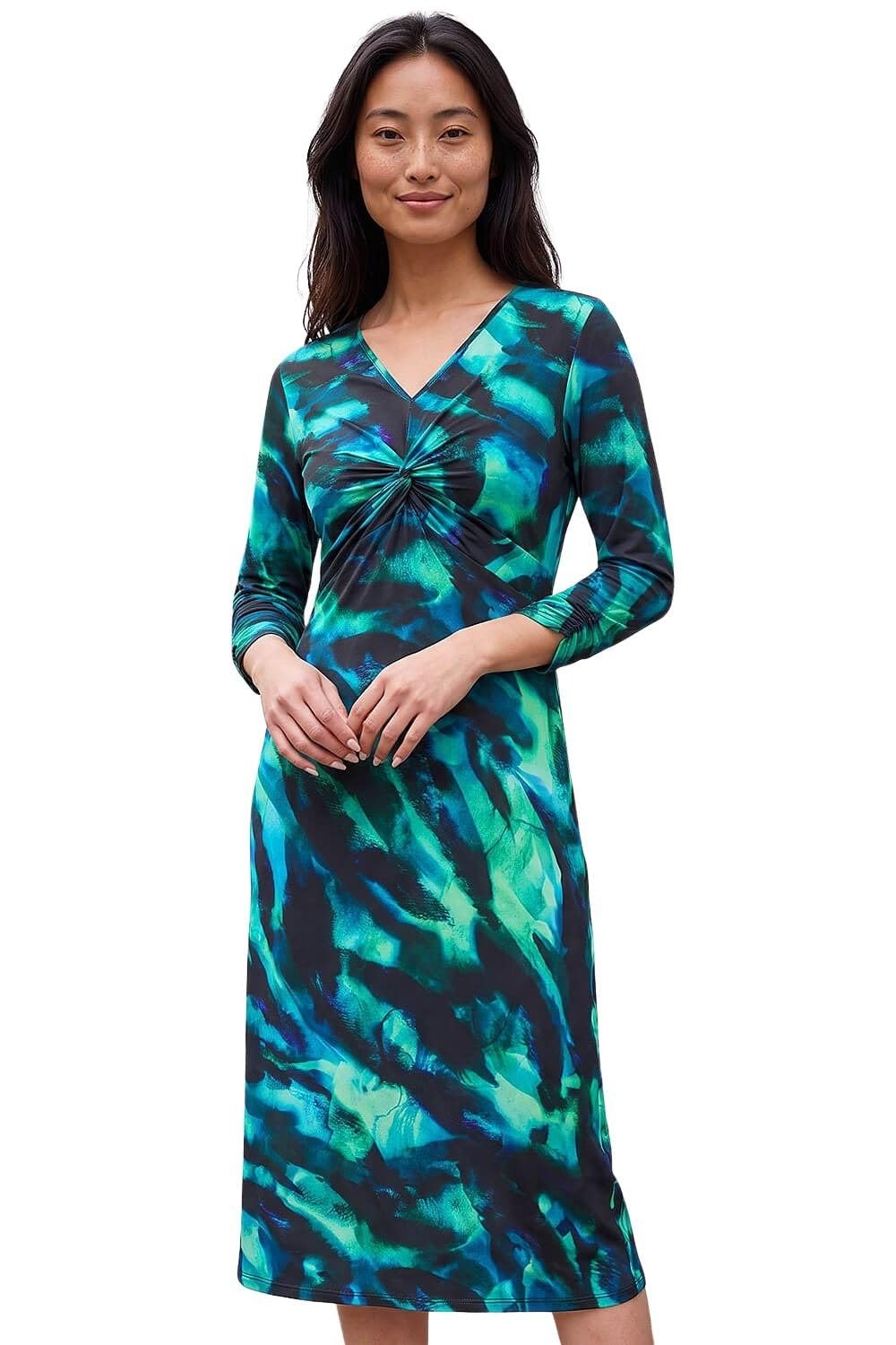 Roman Fit and Flare Dress for Women Ladies Chest Twist Knot Ruched Tea Skater Empire Waist Wedding Guest Smart Casual Swing Midi 3/4 Long Sleeve Knee Length