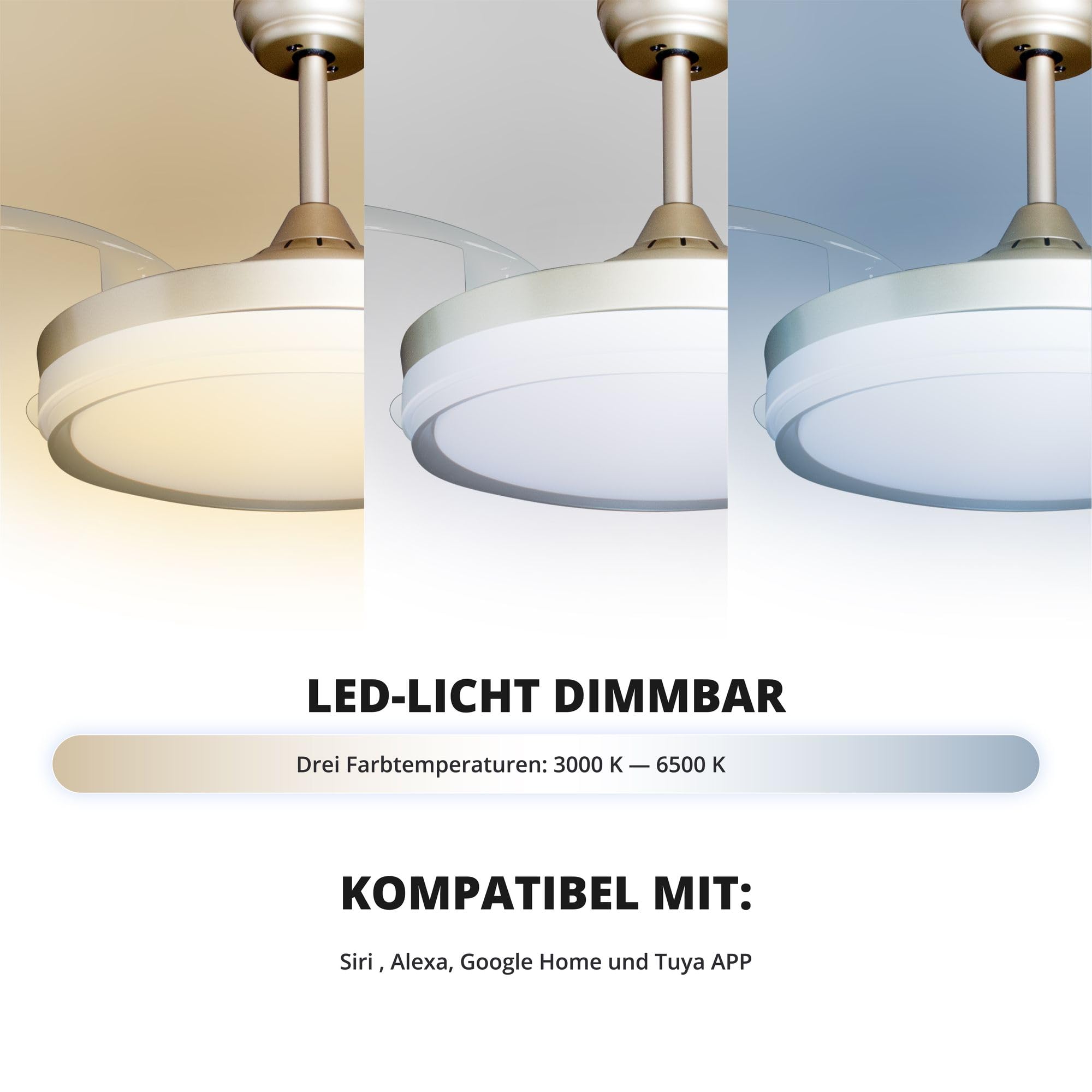Eclipse Deckenventilator mit Beleuchtung, Leise mit 6 Windstufen, App | Fernbedienung, Sommer und Wintermodus, 4 transparente Rotorblätter, 4500 m³/h, CTT 3000 K-6500 K, Goldfarbene Basis, Kelora