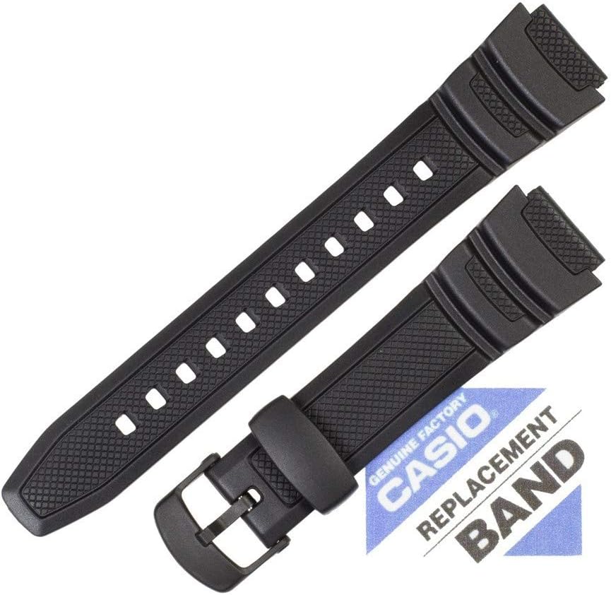 G-Shock 18mm black rubber replacement watch band laid flat, showing the buckle and strap holes.