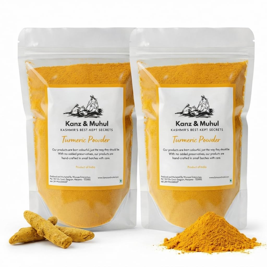 KANZ & MUHUL Kashmiri Turmeric Powder (450 gm Each) - Natural Fresh Hand Grinded, Authentic, Hand-Pounded, Fresh Haldi, High Curcumin Content Organic Haldi Powder Raw For Cooking and Drinking Indian Spices (Pack of 2)