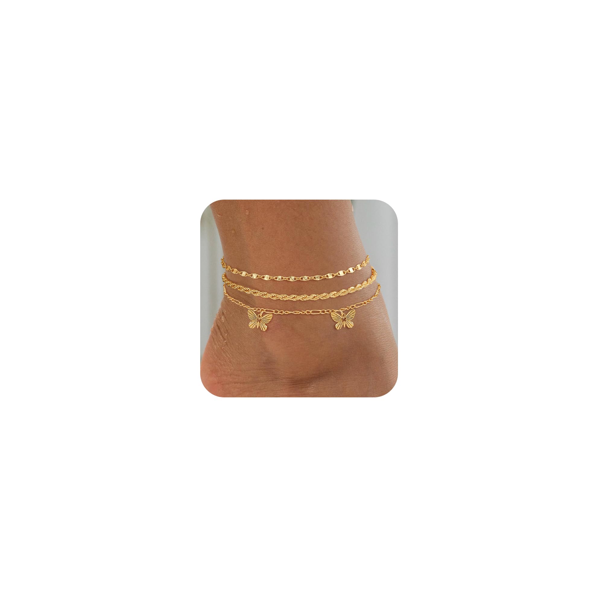 Tobilleras para mujer, impermeables, chapadas en oro de 14 quilates y plata de ley para mujer, juego de tobilleras con cadena de espiga cubana en capas, joyería de playa, 8, Latón, No es una