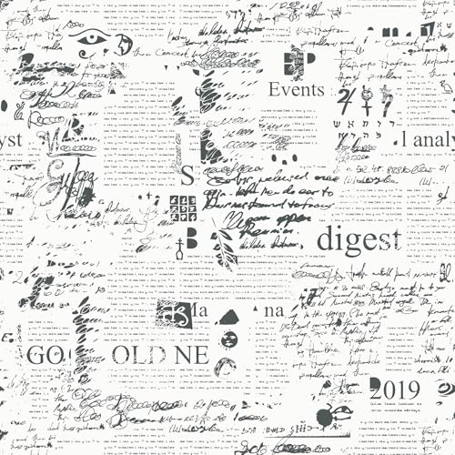 Mangoloo Papel pintado de periódico blanco y negro de 17.5 x 102 pulgadas, papel de contacto vintage en blanco y negro para armarios y cajones, papel tapiz extraíble para dormitorio, muebles, telón de